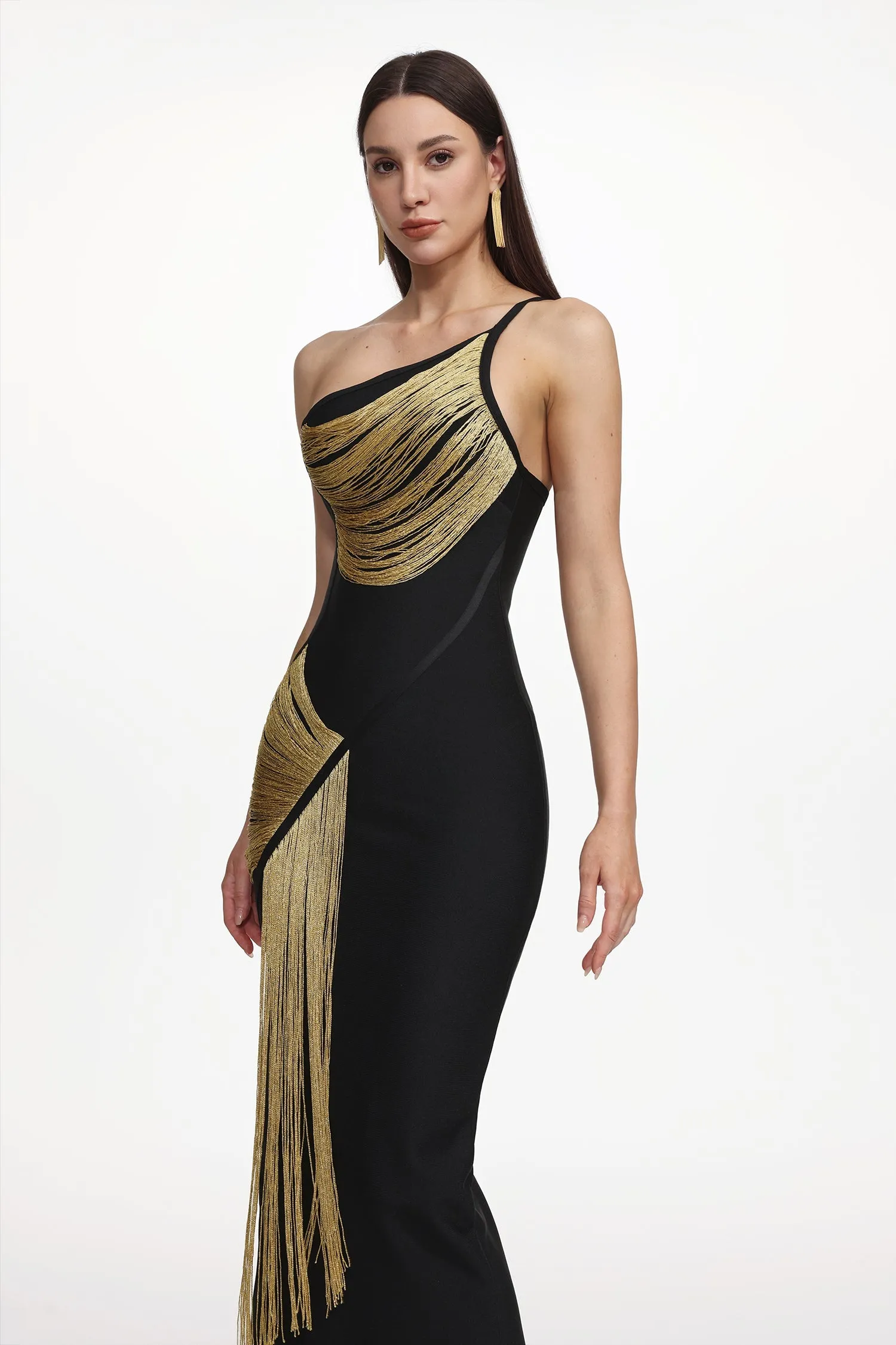 Roanna One Shoulder Sleeveless Golden Tassels Bandage Maxi Dress by Bella Barnett sold by Goddiva product image thumbnail 4