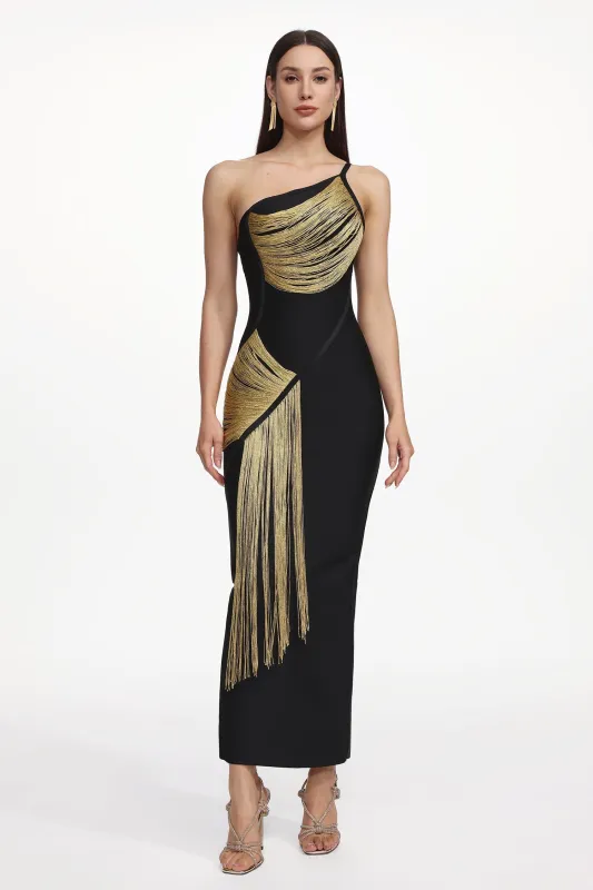 Roanna One Shoulder Sleeveless Golden Tassels Bandage Maxi Dress by Bella Barnett made by Bella Barnett