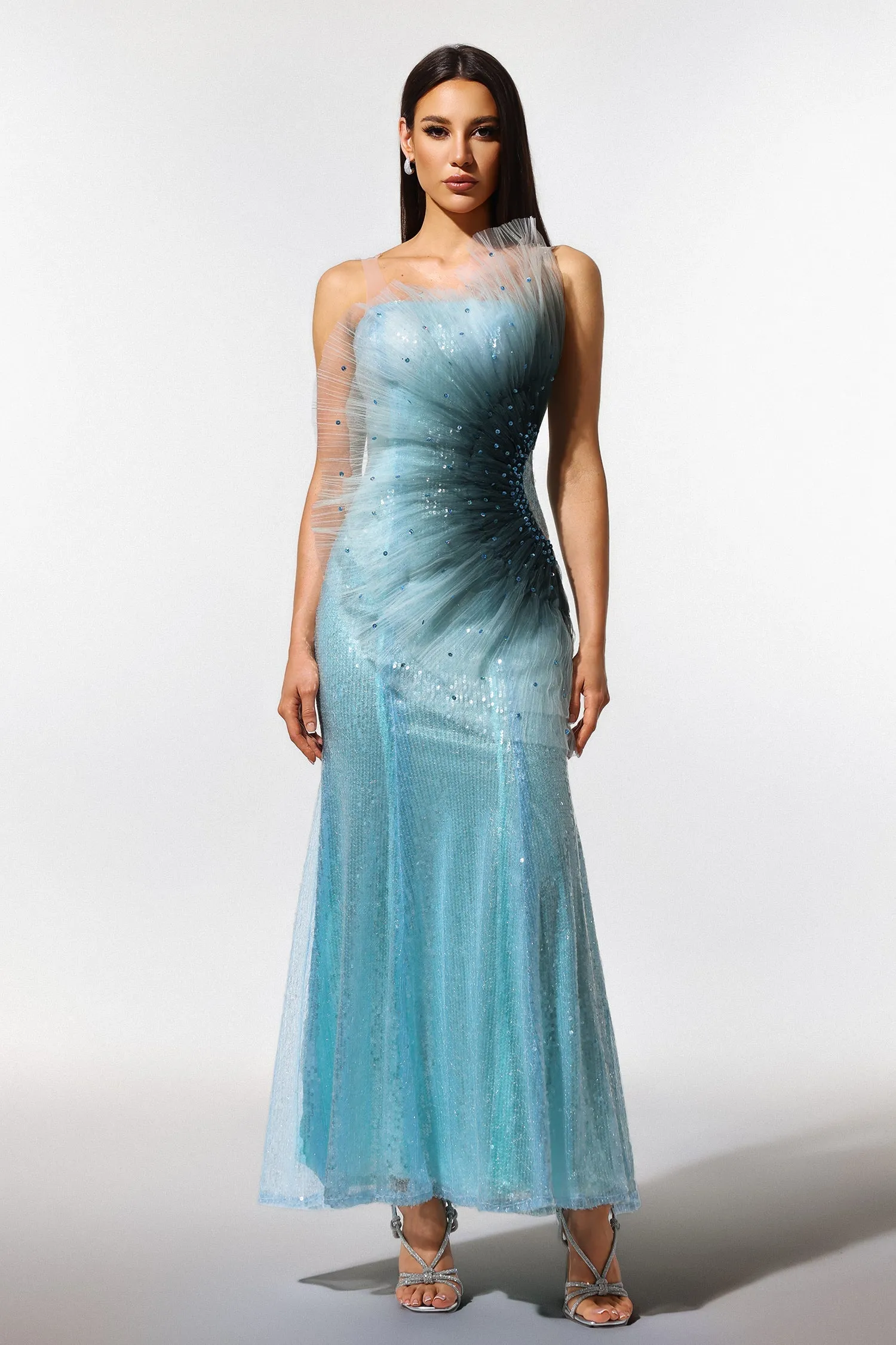 Kiwis Sleeveless Fish Tail Sequins Maxi Dress by Bella Barnett sold by Goddiva