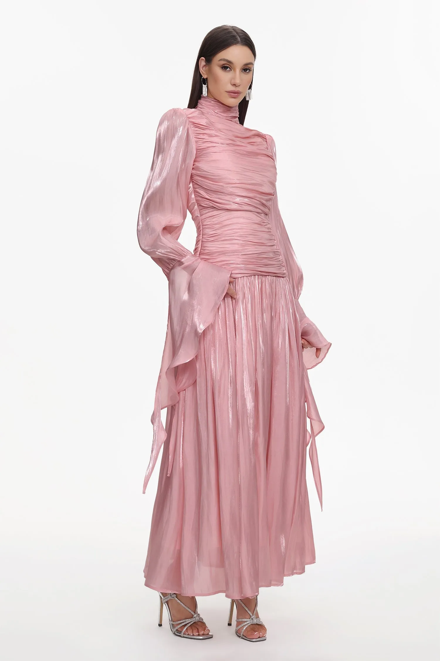 Viky Resort Waist-Defining Long Sleeve Ruched Woven Dark Pink Maxi Dress by Bella Barnett sold by Goddiva product image thumbnail 3