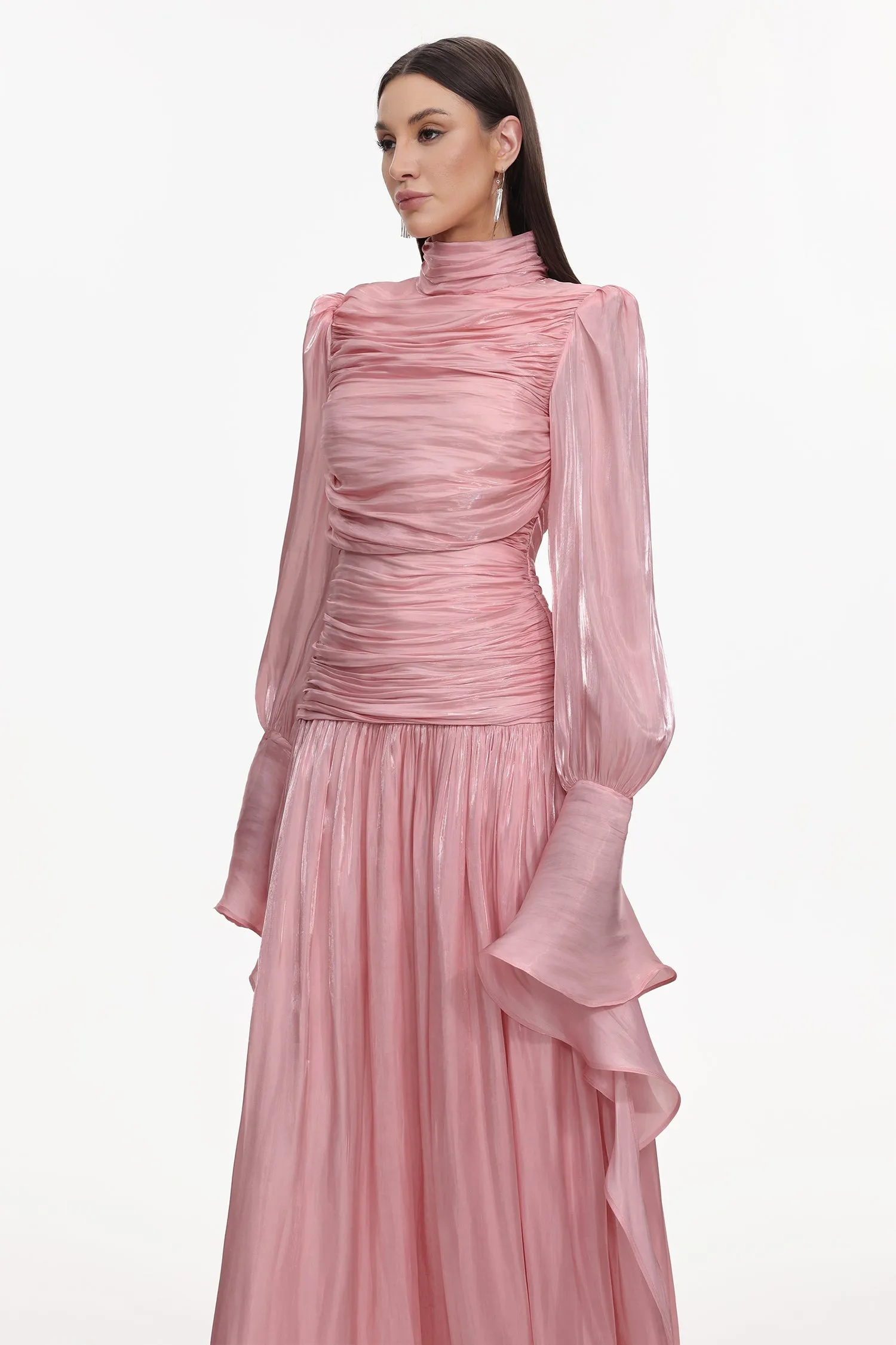 Viky Resort Waist-Defining Long Sleeve Ruched Woven Dark Pink Maxi Dress by Bella Barnett sold by Goddiva product image thumbnail 4