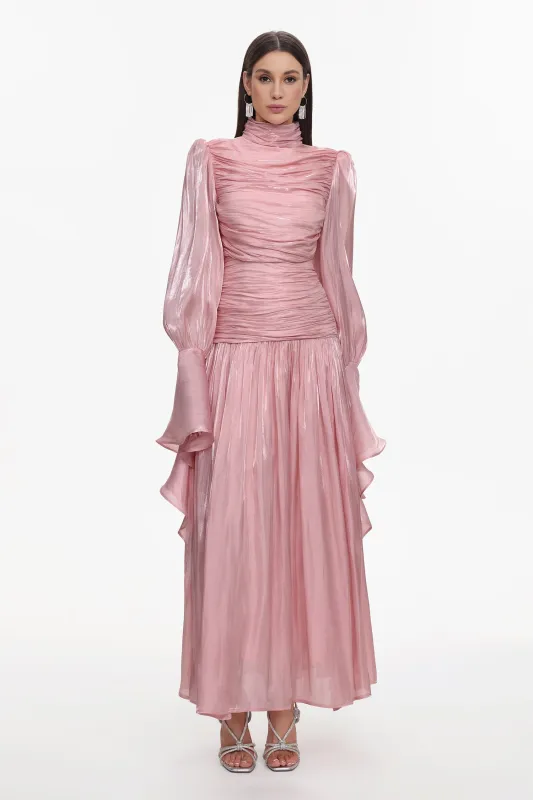 Viky Resort Waist-Defining Long Sleeve Ruched Woven Dark Pink Maxi Dress by Bella Barnett made by Bella Barnett
