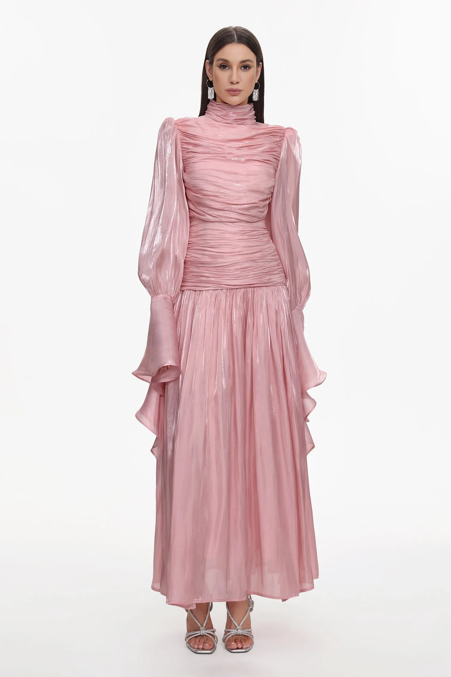 Viky Resort Waist-Defining Long Sleeve Ruched Woven Dark Pink Maxi Dress by Bella Barnett sold by Goddiva