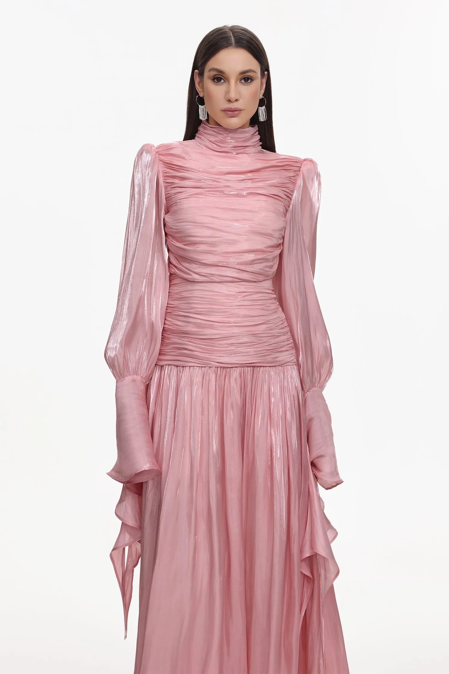 Viky Resort Waist-Defining Long Sleeve Ruched Woven Dark Pink Maxi Dress by Bella Barnett sold by Goddiva product image thumbnail 2