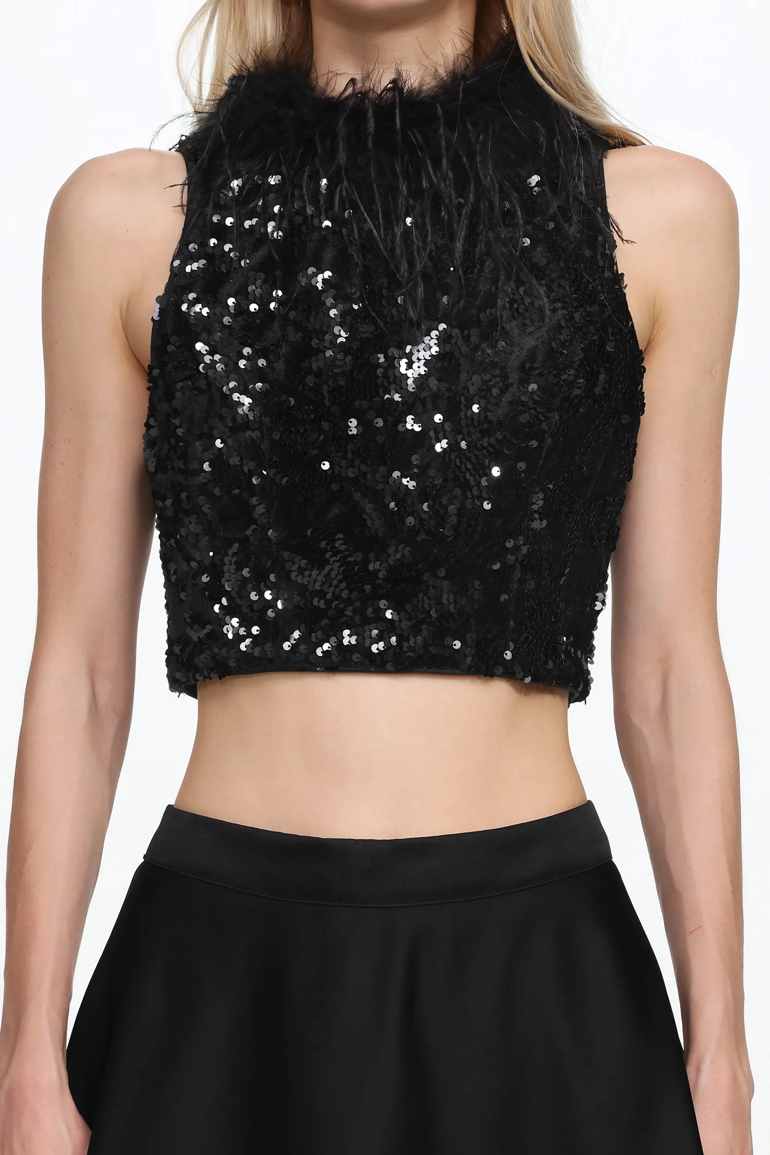 Chic Contonur Sleeveless Feather Sequin Velvet Top And Satin Skirt Set by Bella Barnett sold by Goddiva product image thumbnail 5