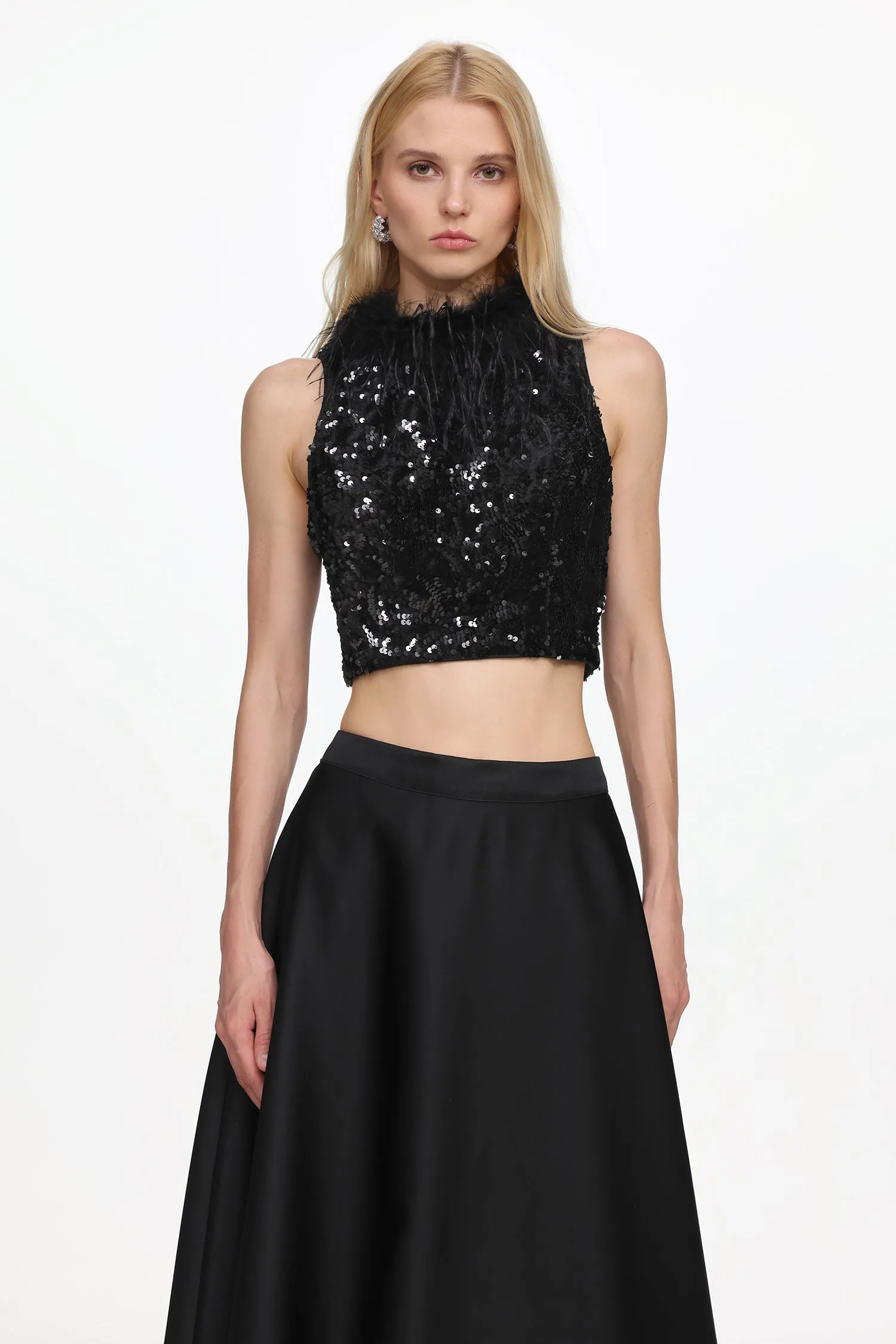 Chic Contonur Sleeveless Feather Sequin Velvet Top And Satin Skirt Set by Bella Barnett sold by Goddiva product image thumbnail 2