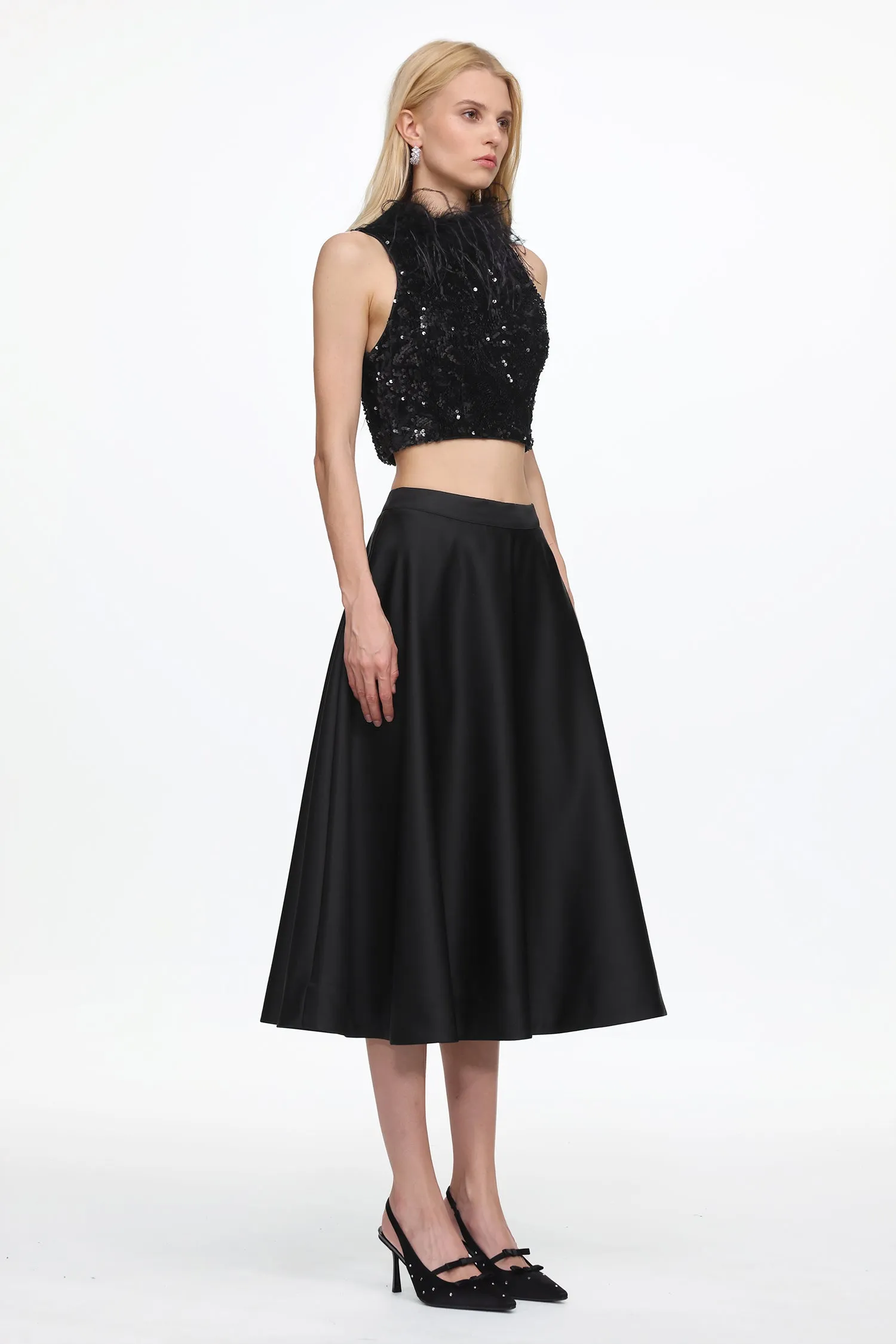 Chic Contonur Sleeveless Feather Sequin Velvet Top And Satin Skirt Set by Bella Barnett sold by Goddiva product image thumbnail 3