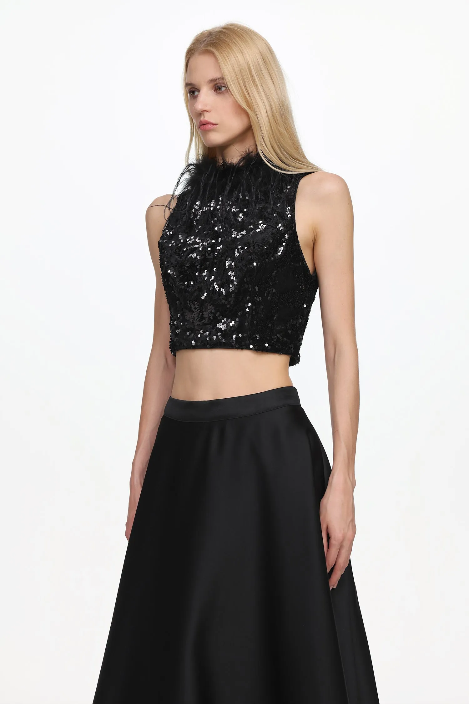 Chic Contonur Sleeveless Feather Sequin Velvet Top And Satin Skirt Set by Bella Barnett sold by Goddiva product image thumbnail 4