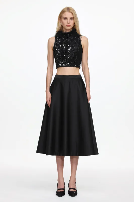 Chic Contonur Sleeveless Feather Sequin Velvet Top And Satin Skirt Set by Bella Barnett made by Bella Barnett