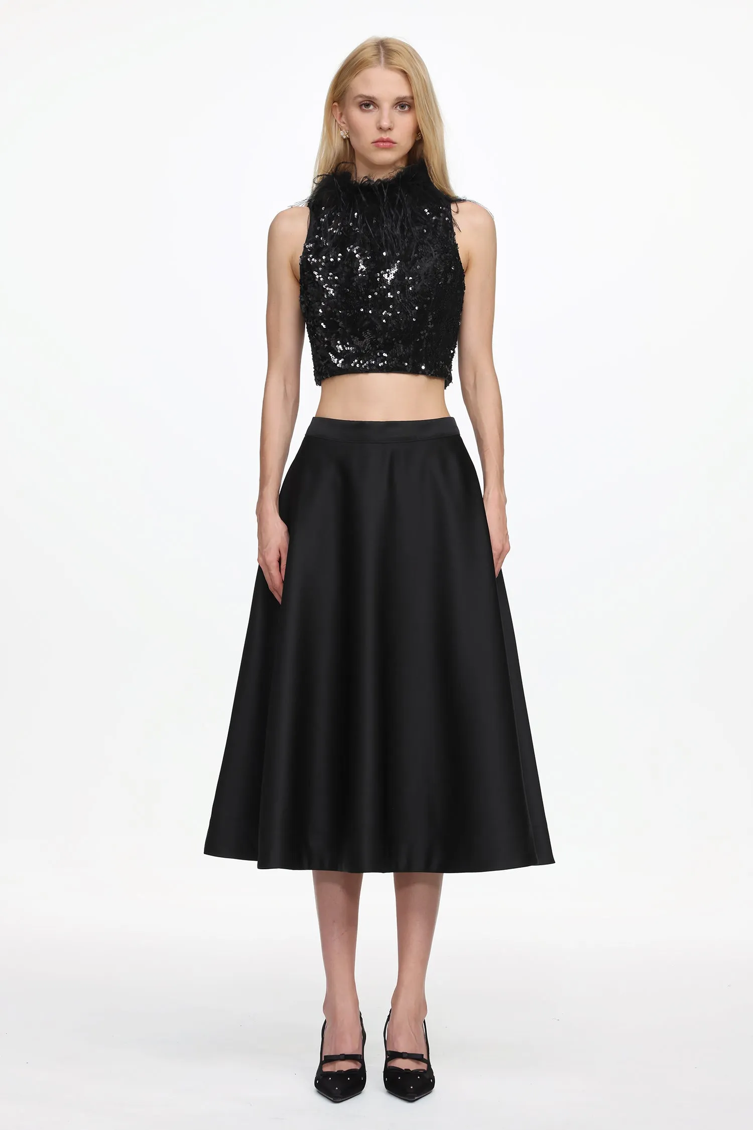 Chic Contonur Sleeveless Feather Sequin Velvet Top And Satin Skirt Set by Bella Barnett sold by Goddiva