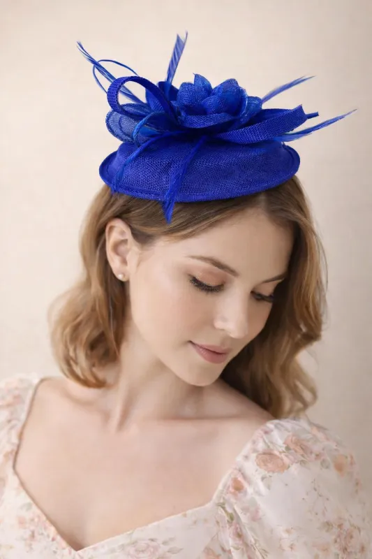 Gauze Swirl Flower Feather Fascinator In Blue by SVNX made by Goddiva