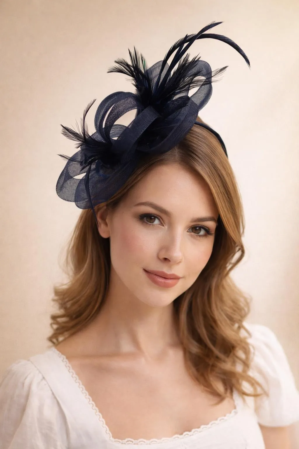 Bow Feather Fascinator In Navy by SVNX sold by Goddiva