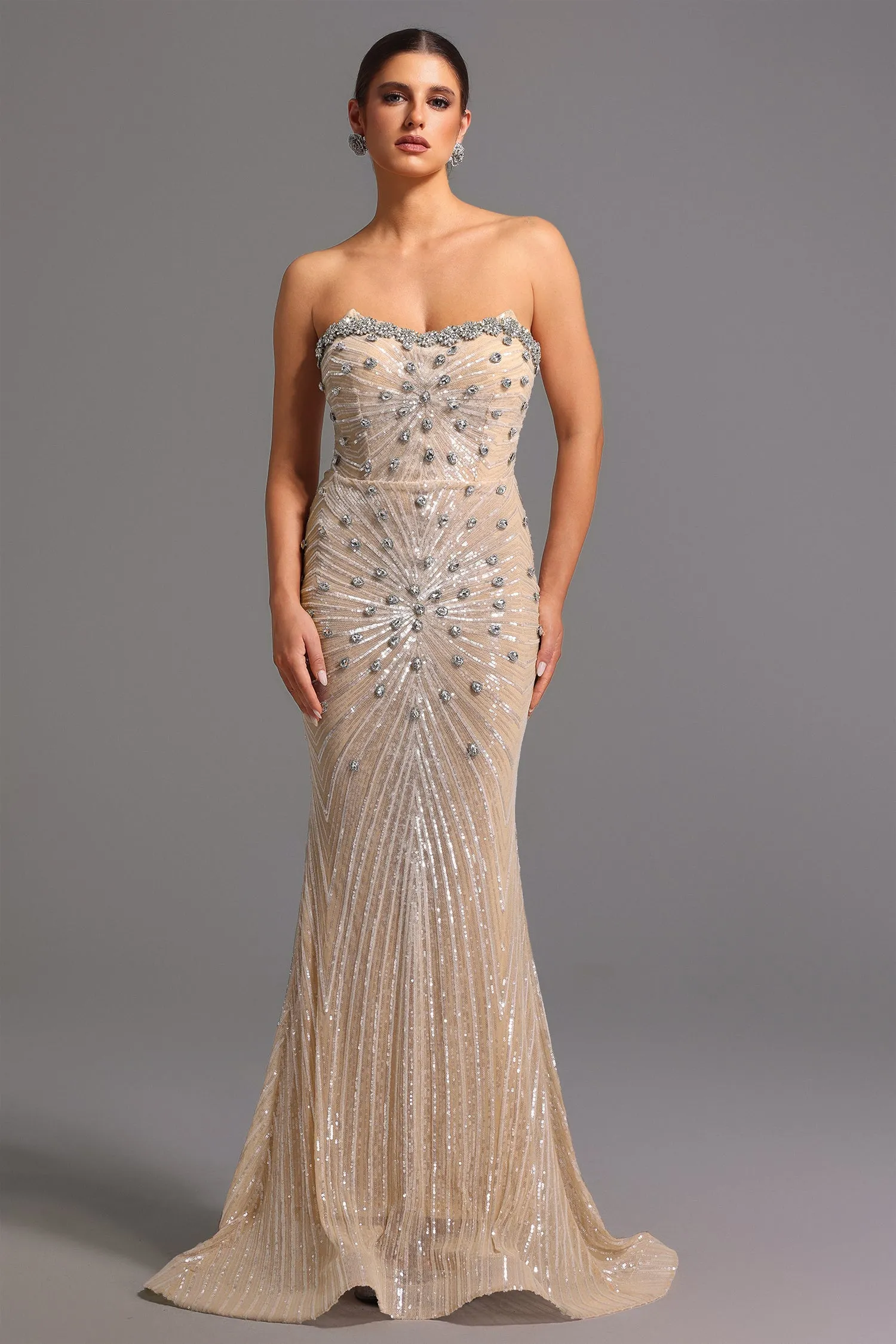 Kori Strapless Diamond Sequins Maxi Dress by Bella Barnett sold by Goddiva