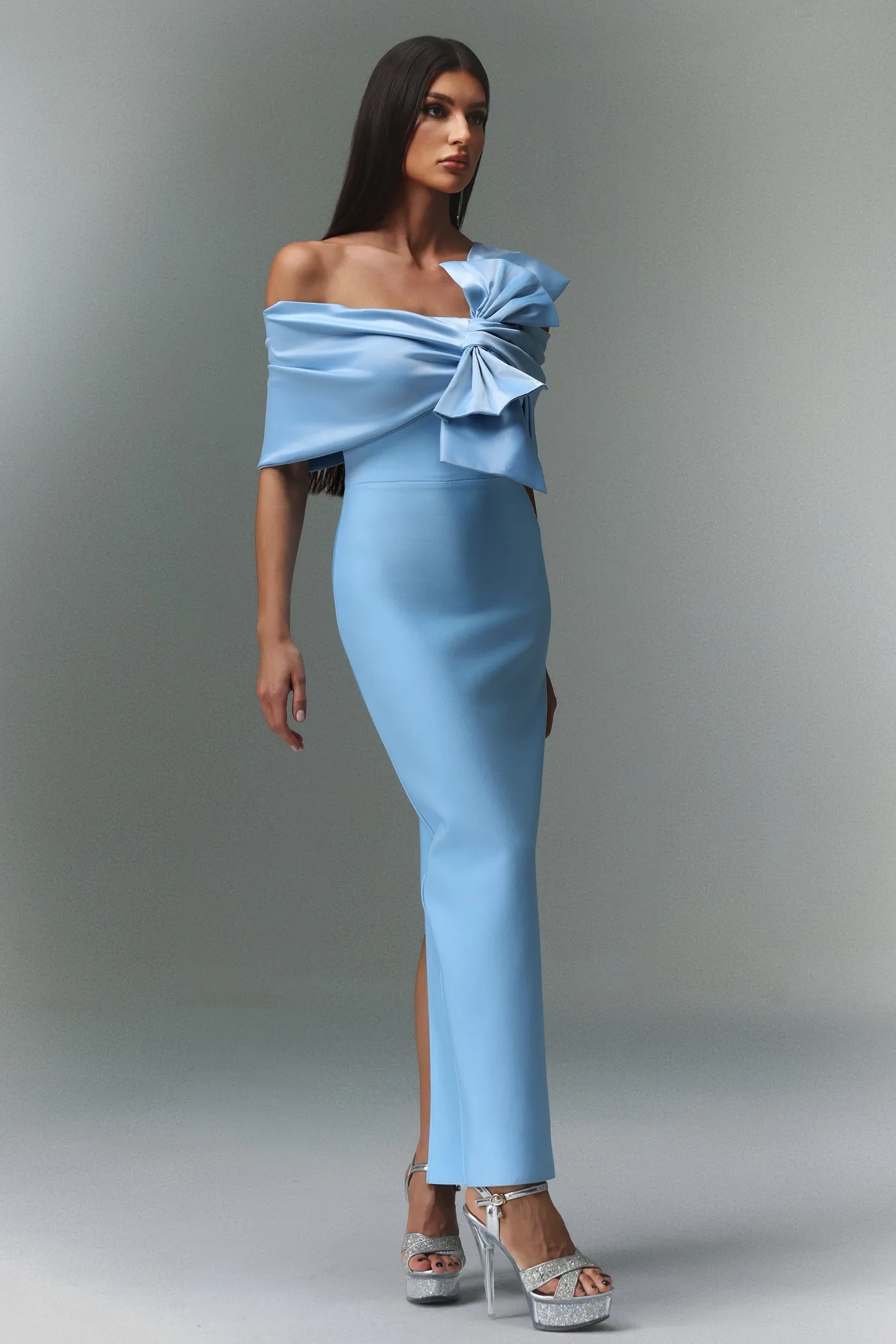 Uara Off-The-Shoulder Bow Bandage Maxi Dress by Bella Barnett sold by Goddiva product image thumbnail 4