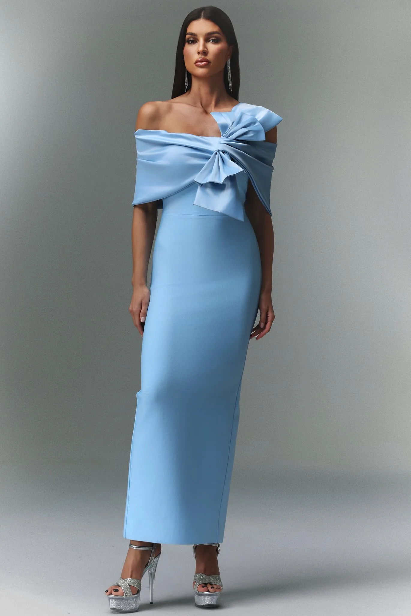 Uara Off-The-Shoulder Bow Bandage Maxi Dress by Bella Barnett sold by Goddiva