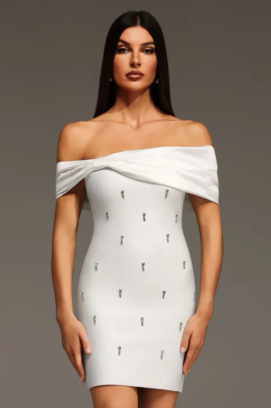 Verney Off The Shoulder Bow Diamond Bandage Mini Dress by Bella Barnett made by Bella Barnett