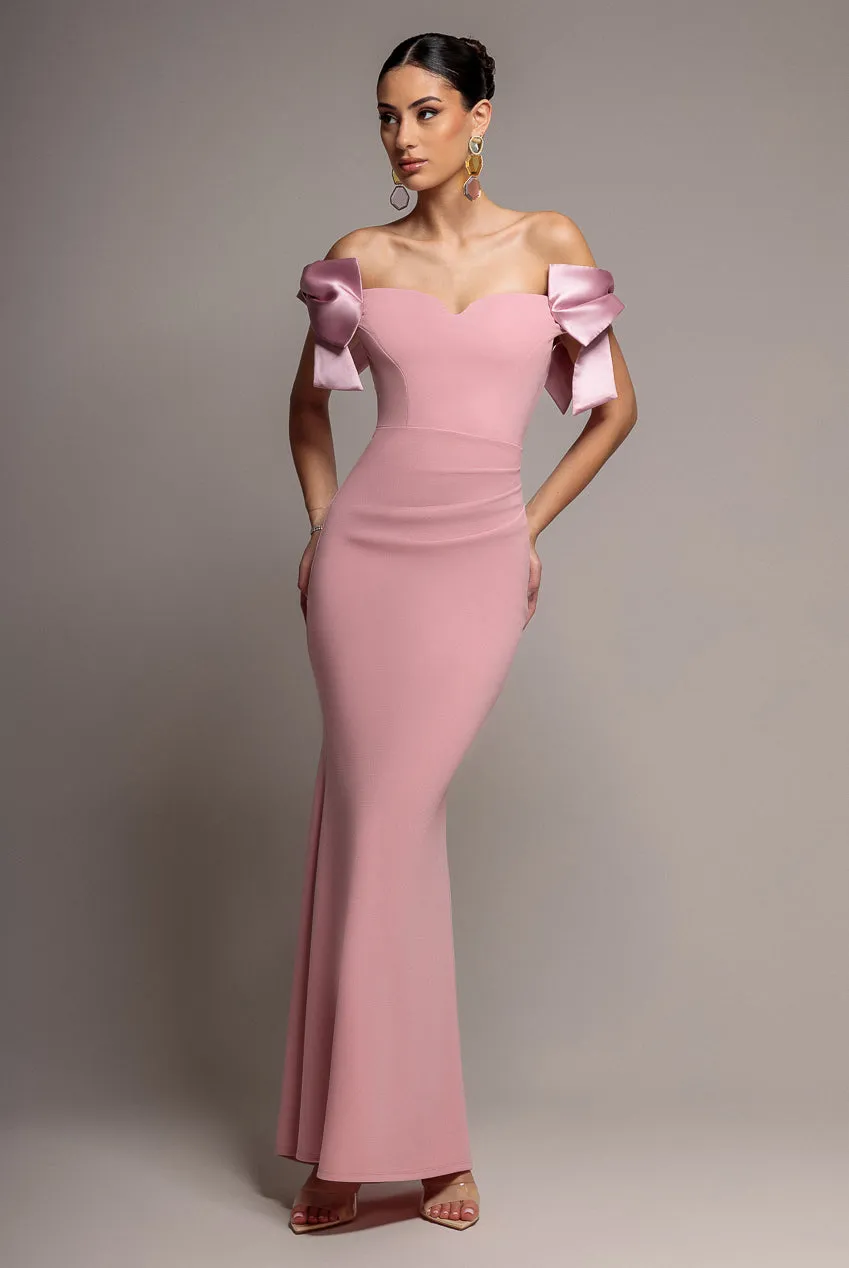 Satin Bow Bardot Sheath Maxi Dress - Blush Pink by Goddiva sold by Goddiva product image thumbnail 2