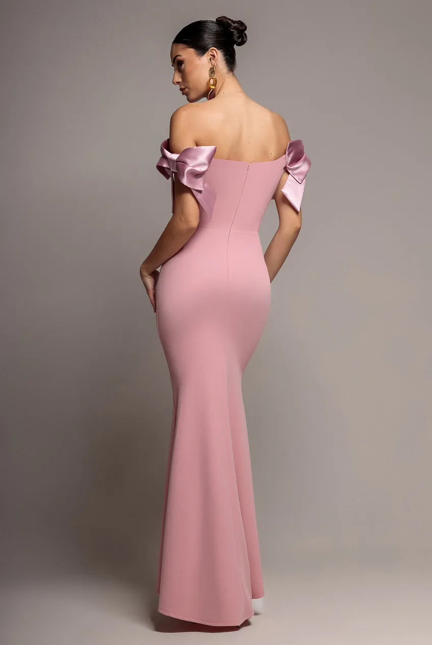 Satin Bow Bardot Sheath Maxi Dress - Blush Pink by Goddiva sold by Goddiva product image thumbnail 3