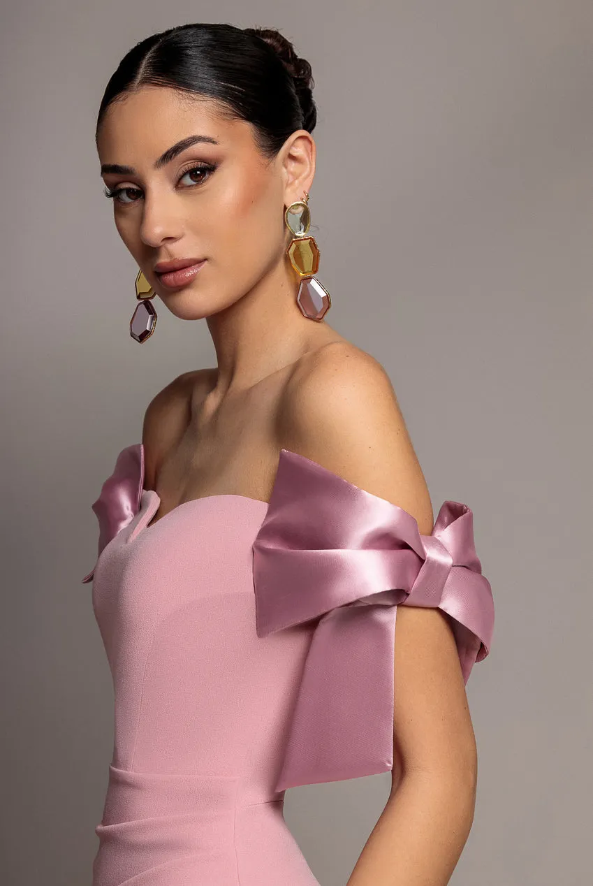Satin Bow Bardot Sheath Maxi Dress - Blush Pink by Goddiva sold by Goddiva product image thumbnail 4