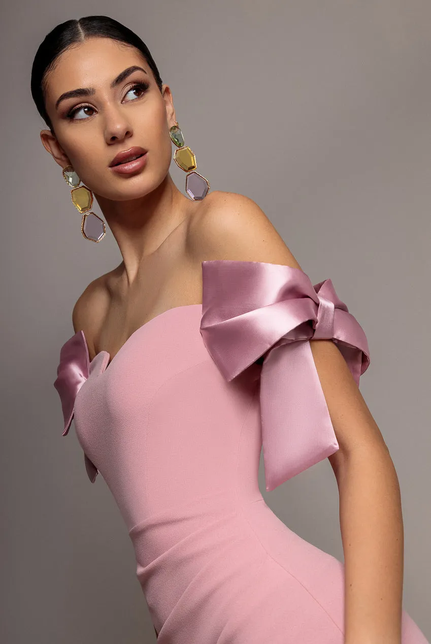 Satin Bow Bardot Sheath Maxi Dress - Blush Pink by Goddiva sold by Goddiva