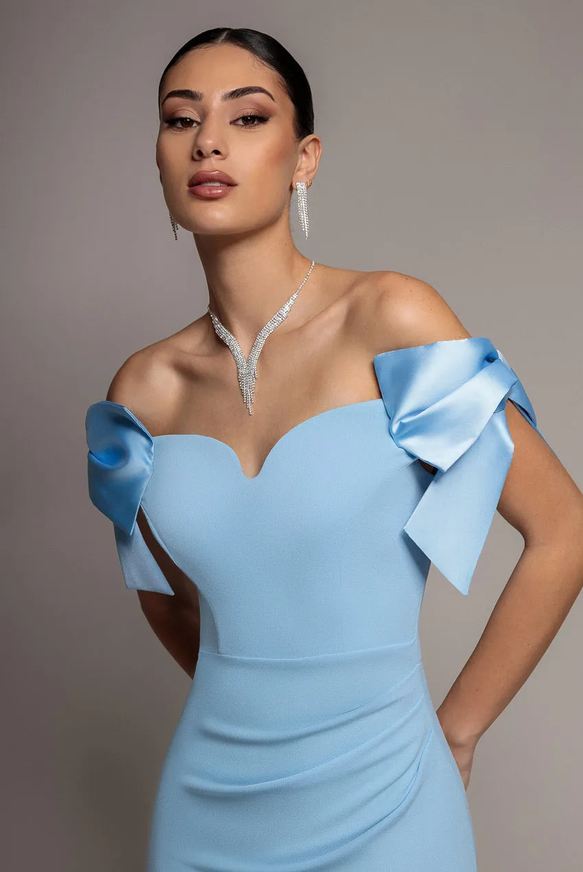 Satin Bow Bardot Sheath Maxi Dress - Ice Blue by Goddiva sold by Goddiva product image thumbnail 5