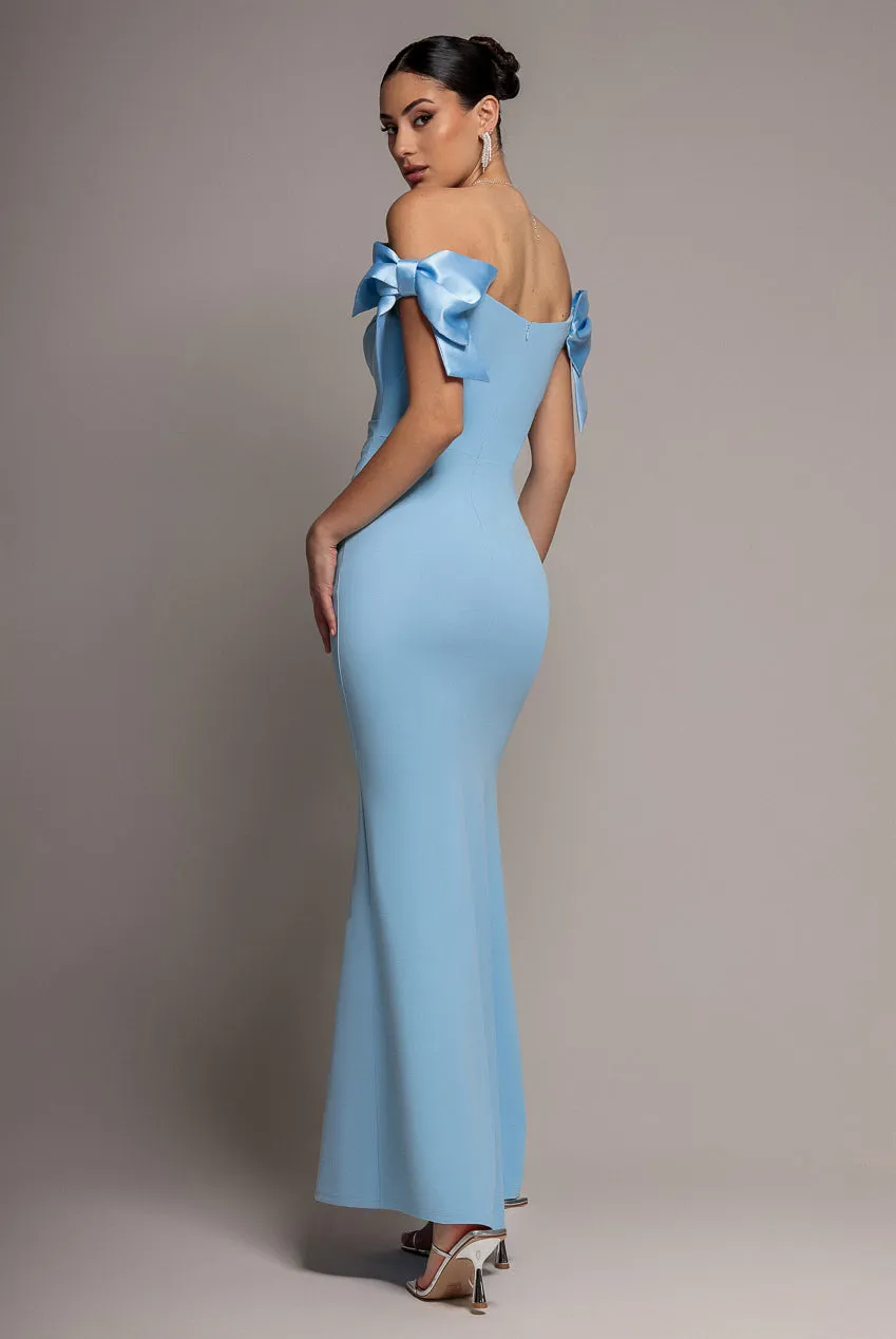 Satin Bow Bardot Sheath Maxi Dress - Ice Blue by Goddiva sold by Goddiva product image thumbnail 2