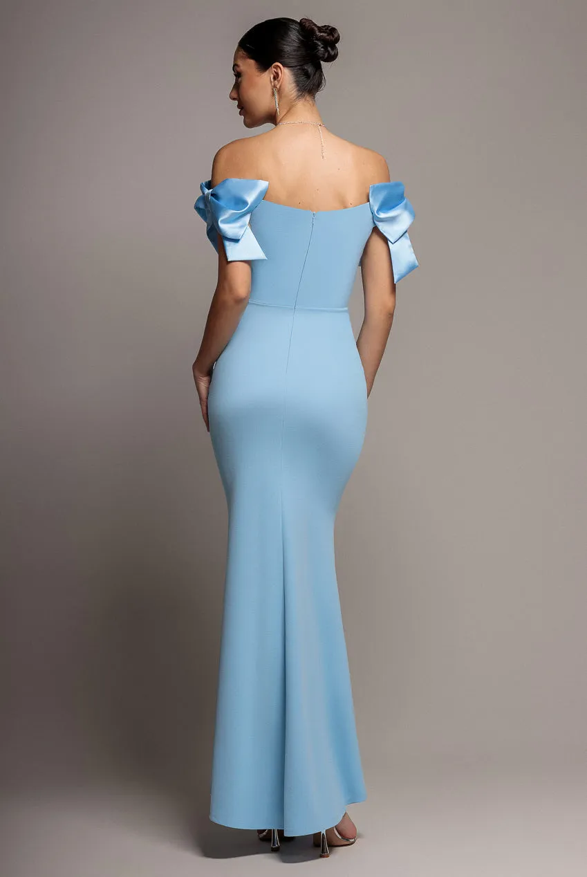 Satin Bow Bardot Sheath Maxi Dress - Ice Blue by Goddiva sold by Goddiva product image thumbnail 3
