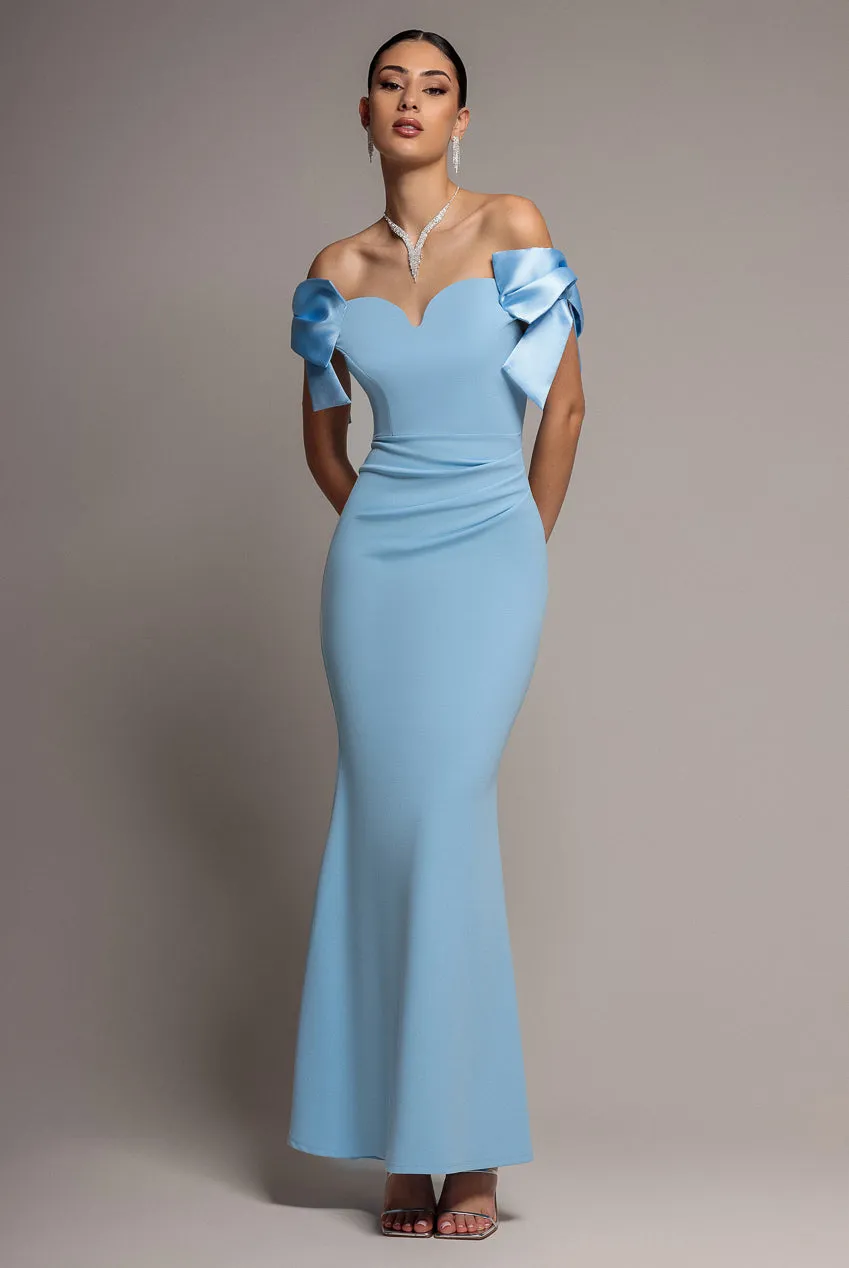 Satin Bow Bardot Sheath Maxi Dress - Ice Blue by Goddiva sold by Goddiva