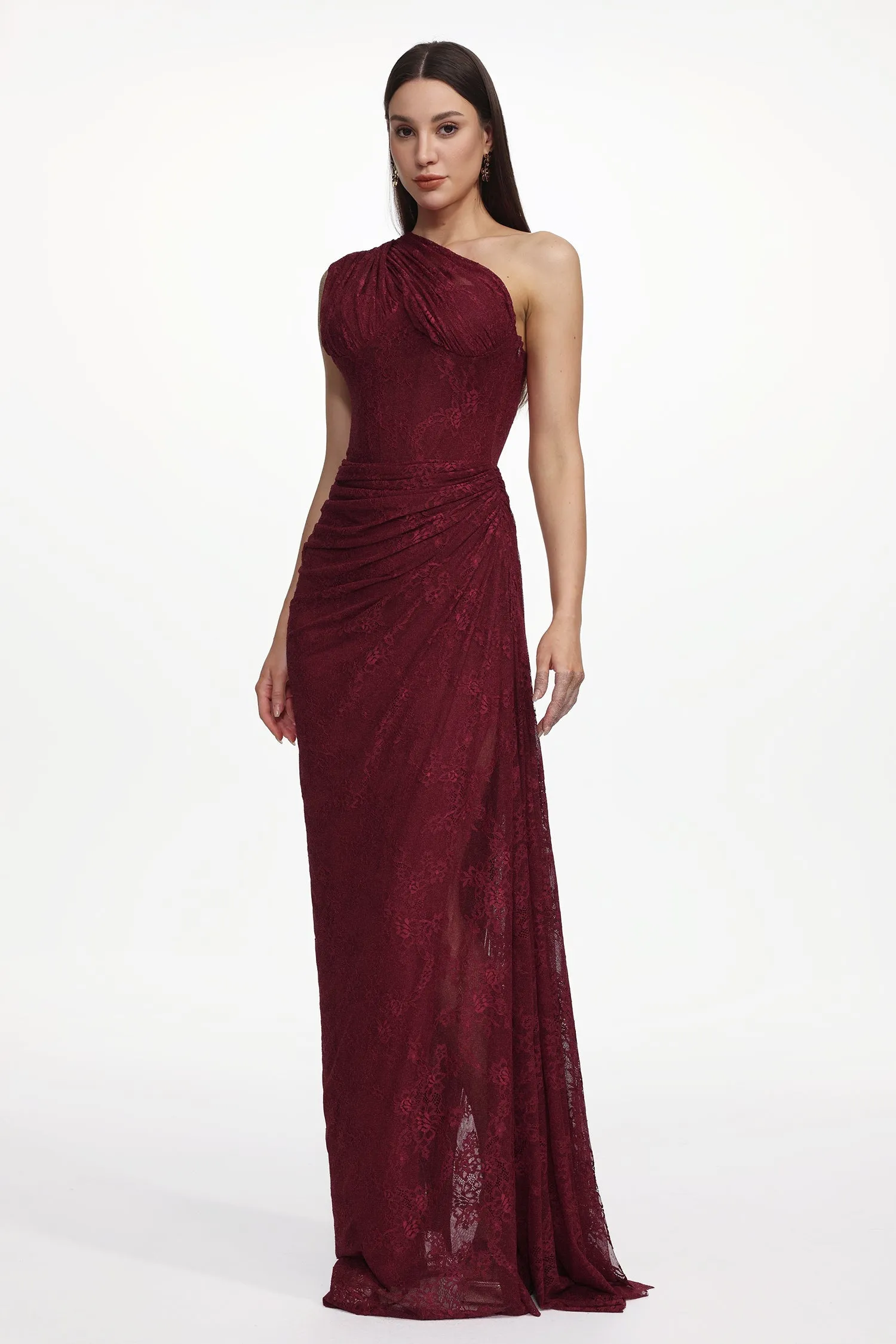 Finch Romantic Contour Sleeveless Ruched Lace Knit Maxi Dress by Bella Barnett sold by Goddiva product image thumbnail 4