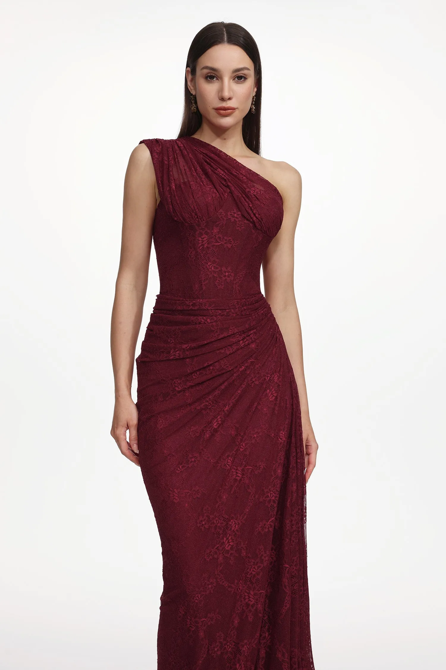 Finch Romantic Contour Sleeveless Ruched Lace Knit Maxi Dress by Bella Barnett sold by Goddiva product image thumbnail 2