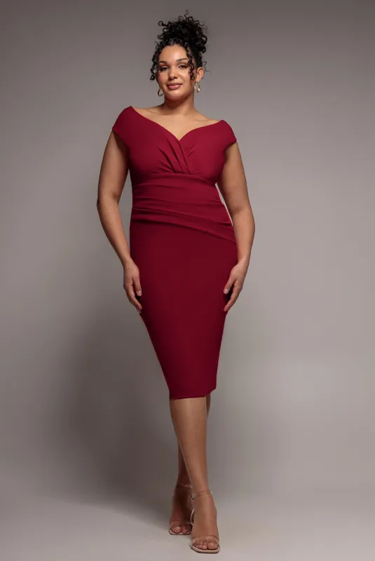 Scuba Bardot Pleated Midi Dress - Wine by Goddiva Plus made by Goddiva