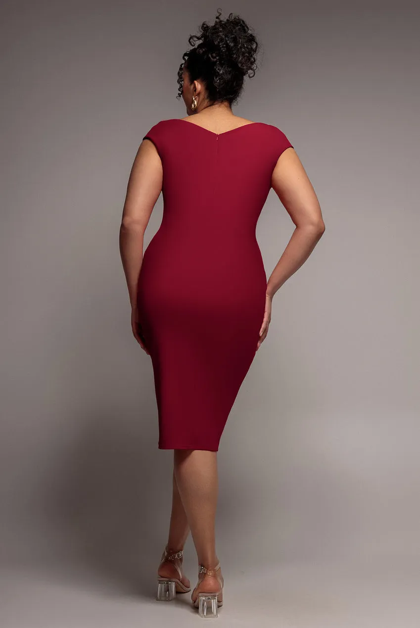 Scuba Bardot Pleated Midi Dress - Wine by Goddiva Plus sold by Goddiva product image thumbnail 2