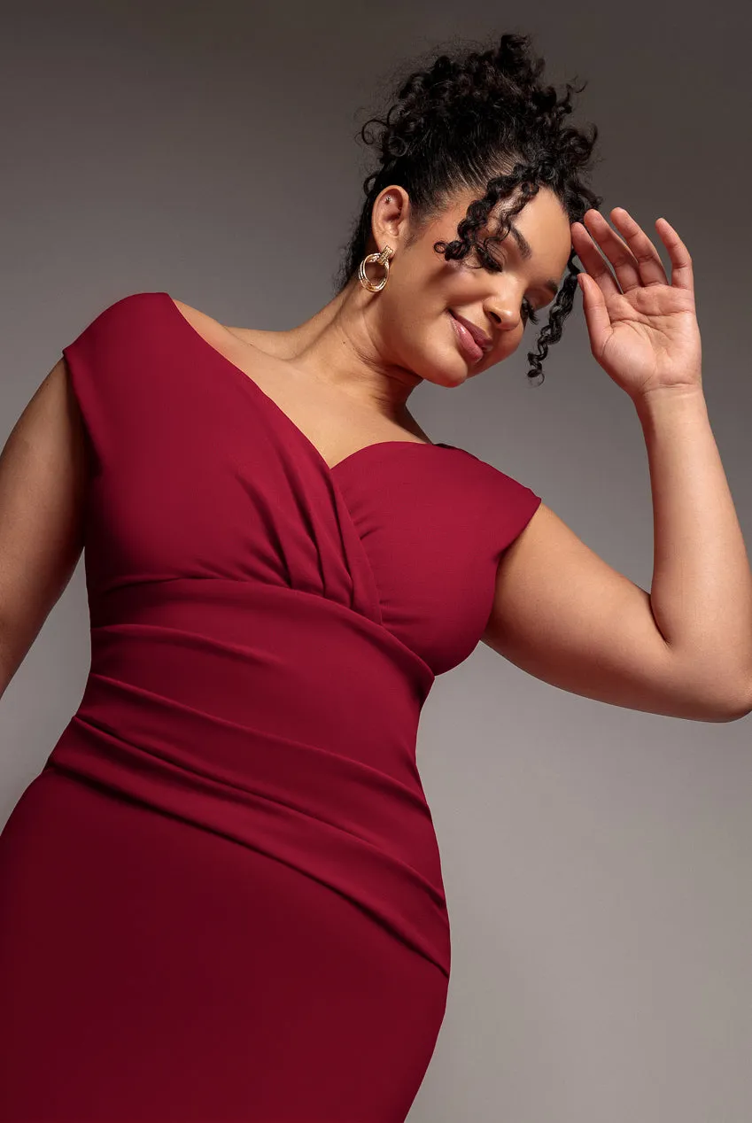 Scuba Bardot Pleated Midi Dress - Wine by Goddiva Plus sold by Goddiva product image thumbnail 3