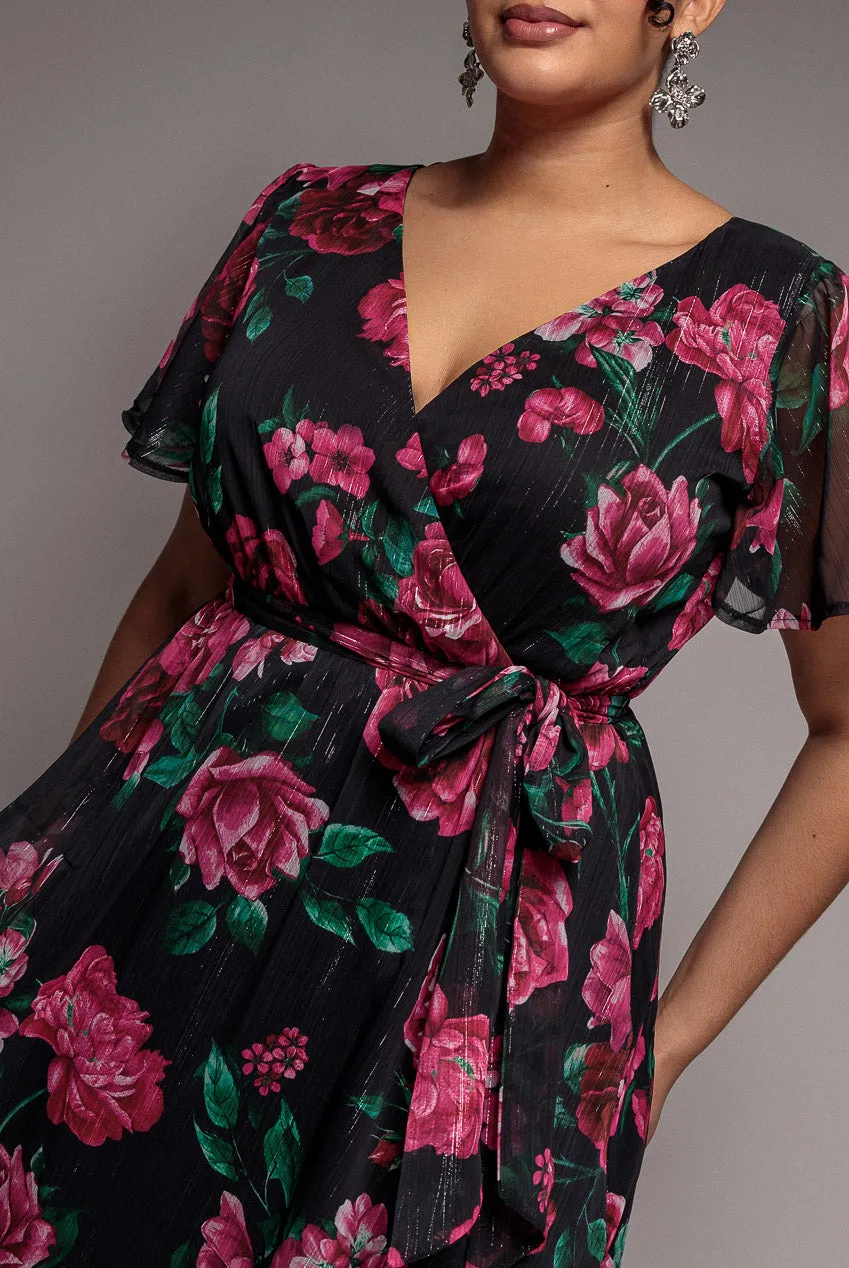 Floral Print Wrap Chiffon Midi Dress - Black Floral by Goddiva Plus sold by Goddiva product image thumbnail 4