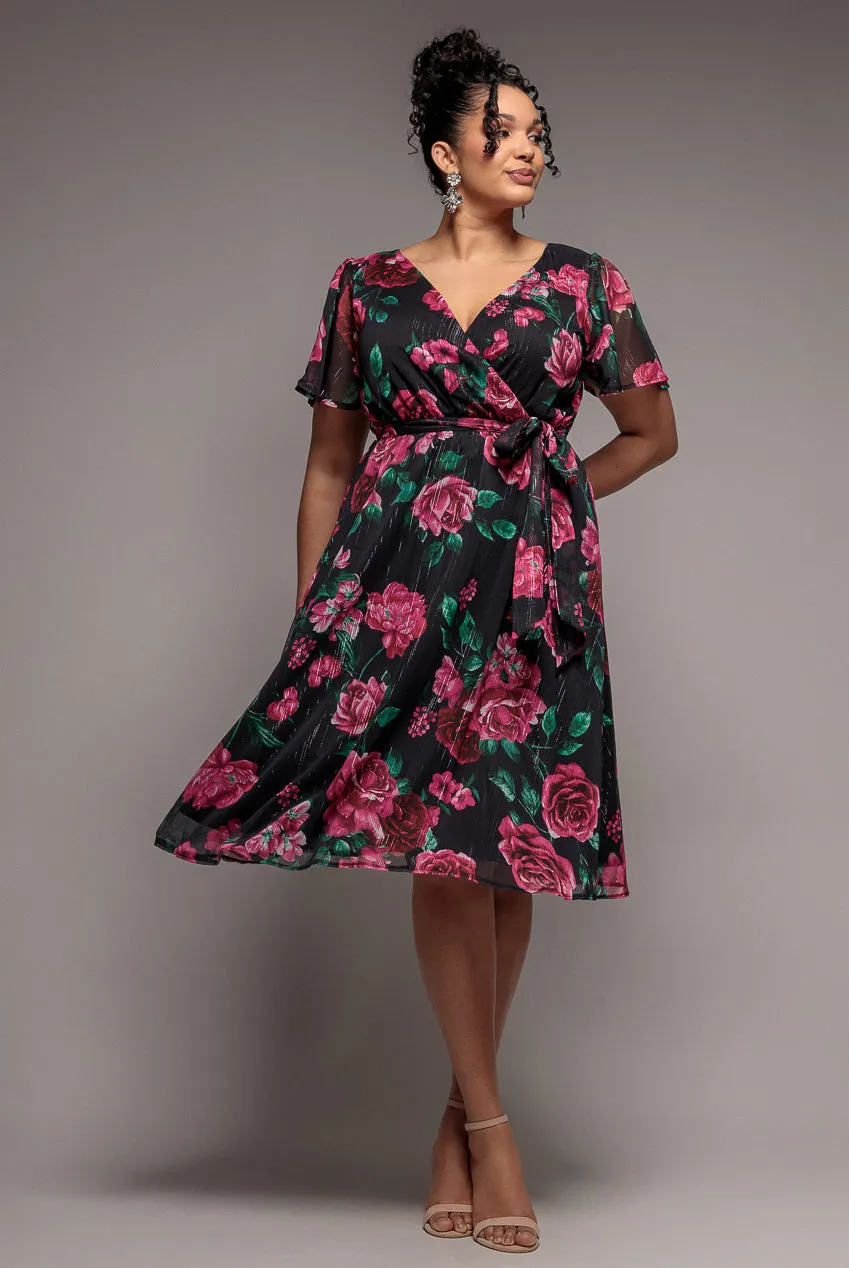 Floral Print Wrap Chiffon Midi Dress - Black Floral by Goddiva Plus sold by Goddiva