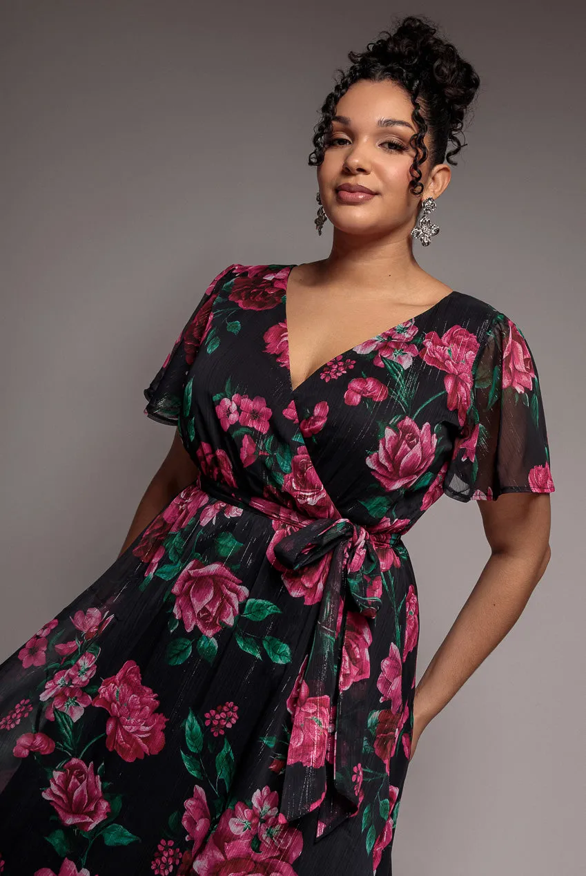 Floral Print Wrap Chiffon Midi Dress - Black Floral by Goddiva Plus sold by Goddiva product image thumbnail 3