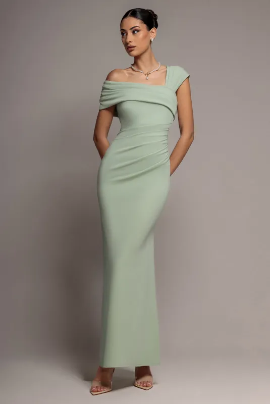 One Shoulder Asymmetric Scuba Crepe Maxi Dress - Sage Green by Goddiva made by Goddiva