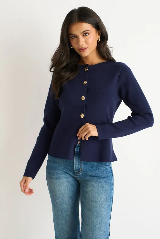 Navy Gold Buttons Ribbed Knit Cardigan by Gini London made by Goddiva