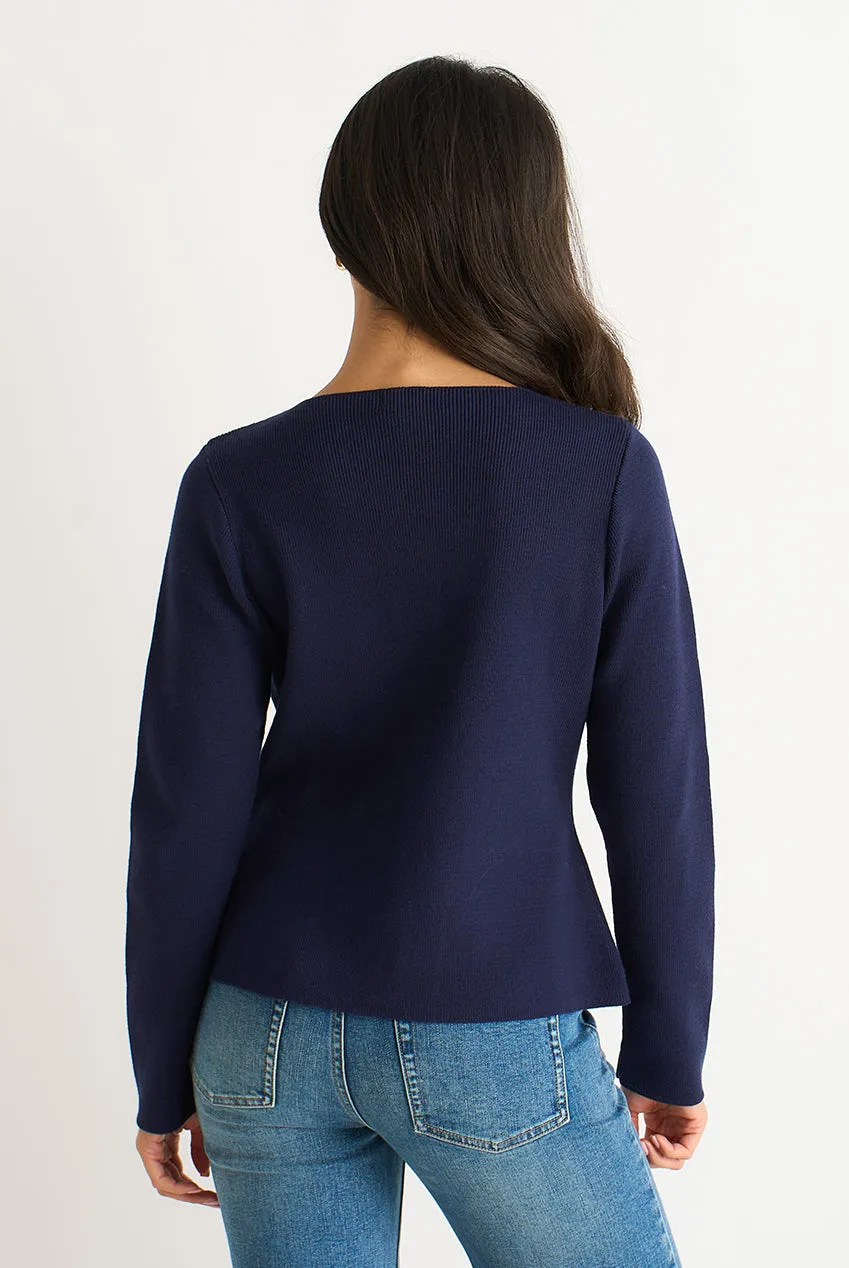 Navy Gold Buttons Ribbed Knit Cardigan by Gini London sold by Goddiva product image thumbnail 3