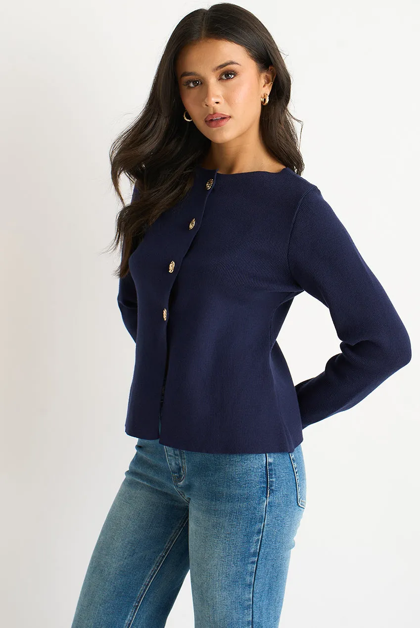 Navy Gold Buttons Ribbed Knit Cardigan by Gini London sold by Goddiva product image thumbnail 4
