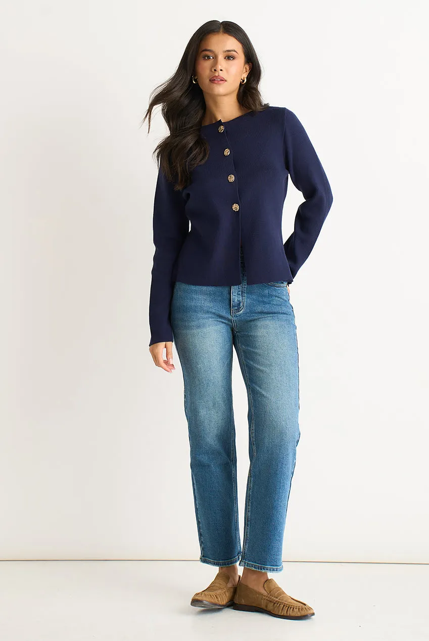 Navy Gold Buttons Ribbed Knit Cardigan by Gini London sold by Goddiva product image thumbnail 2