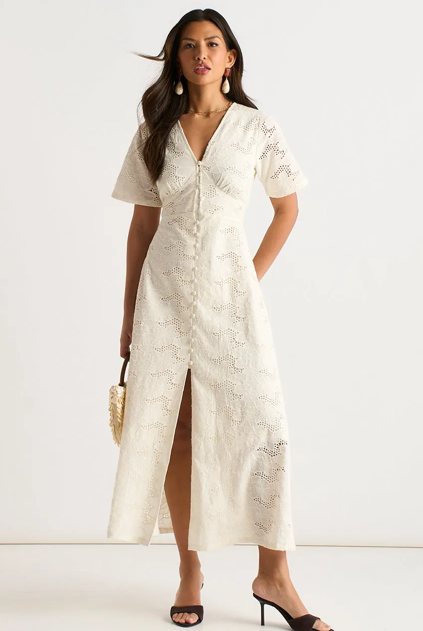 White Lace Button Through Midi Dress by Gini London sold by Goddiva