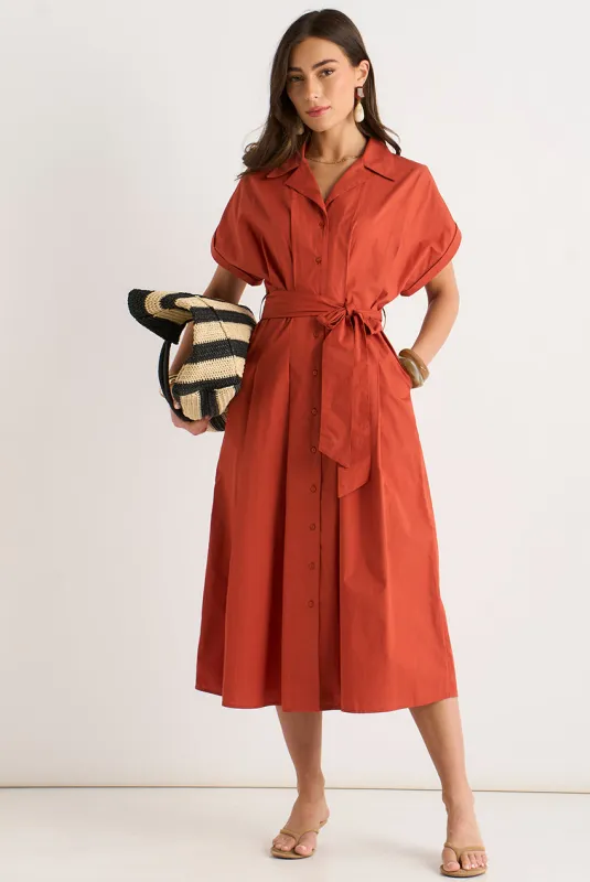 Rust Cotton Button Through Belted Shirt Dress by Gini London made by Goddiva