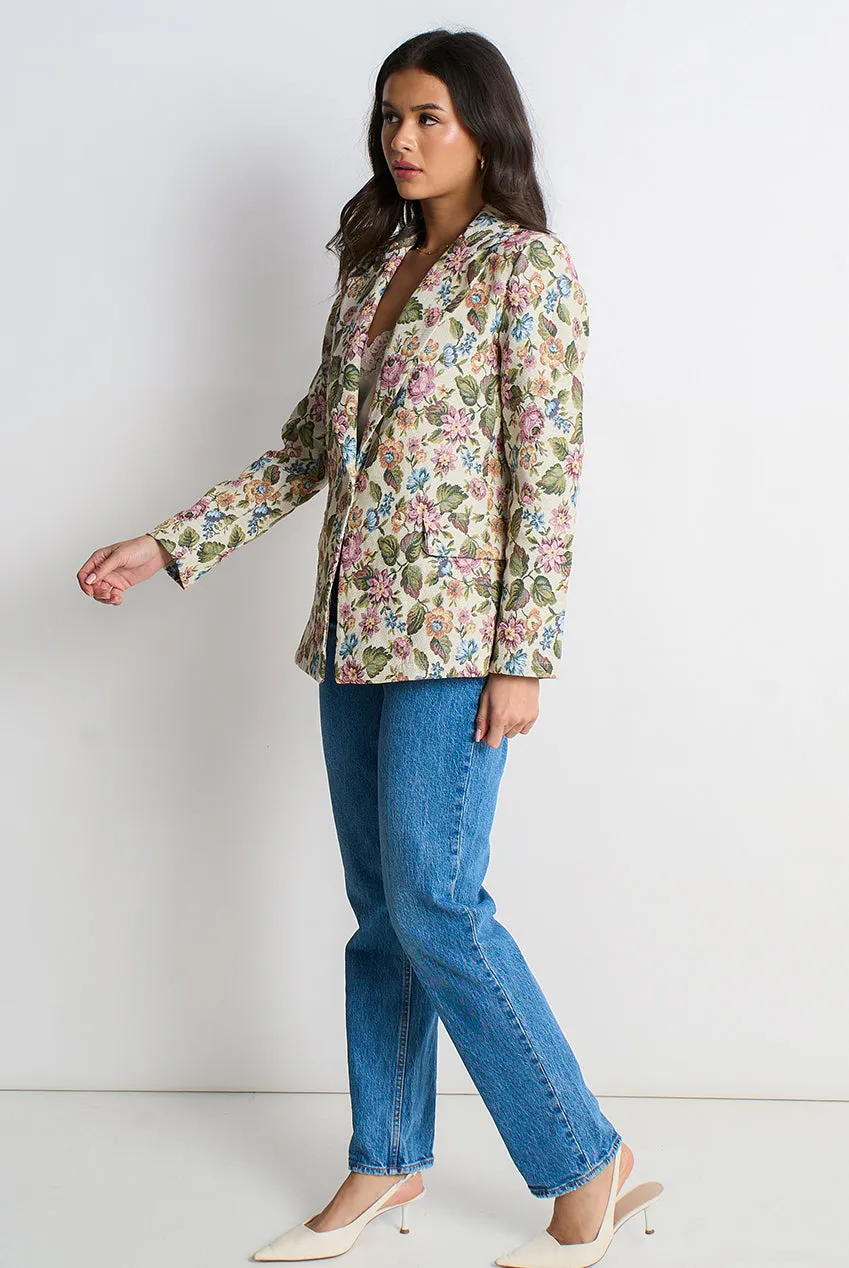Beige Floral Jacquard Tailored Blazer by Gini London sold by Goddiva product image thumbnail 4
