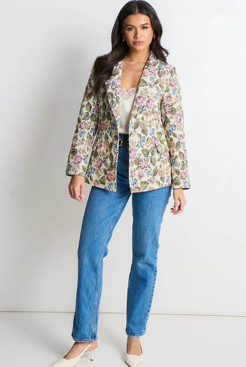 Beige Floral Jacquard Tailored Blazer by Gini London sold by Goddiva product image thumbnail 2
