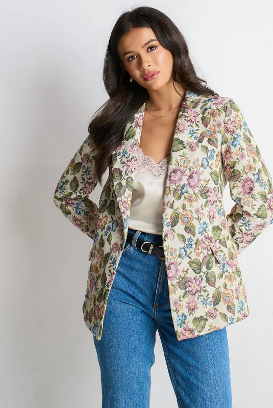 Beige Floral Jacquard Tailored Blazer by Gini London made by Goddiva