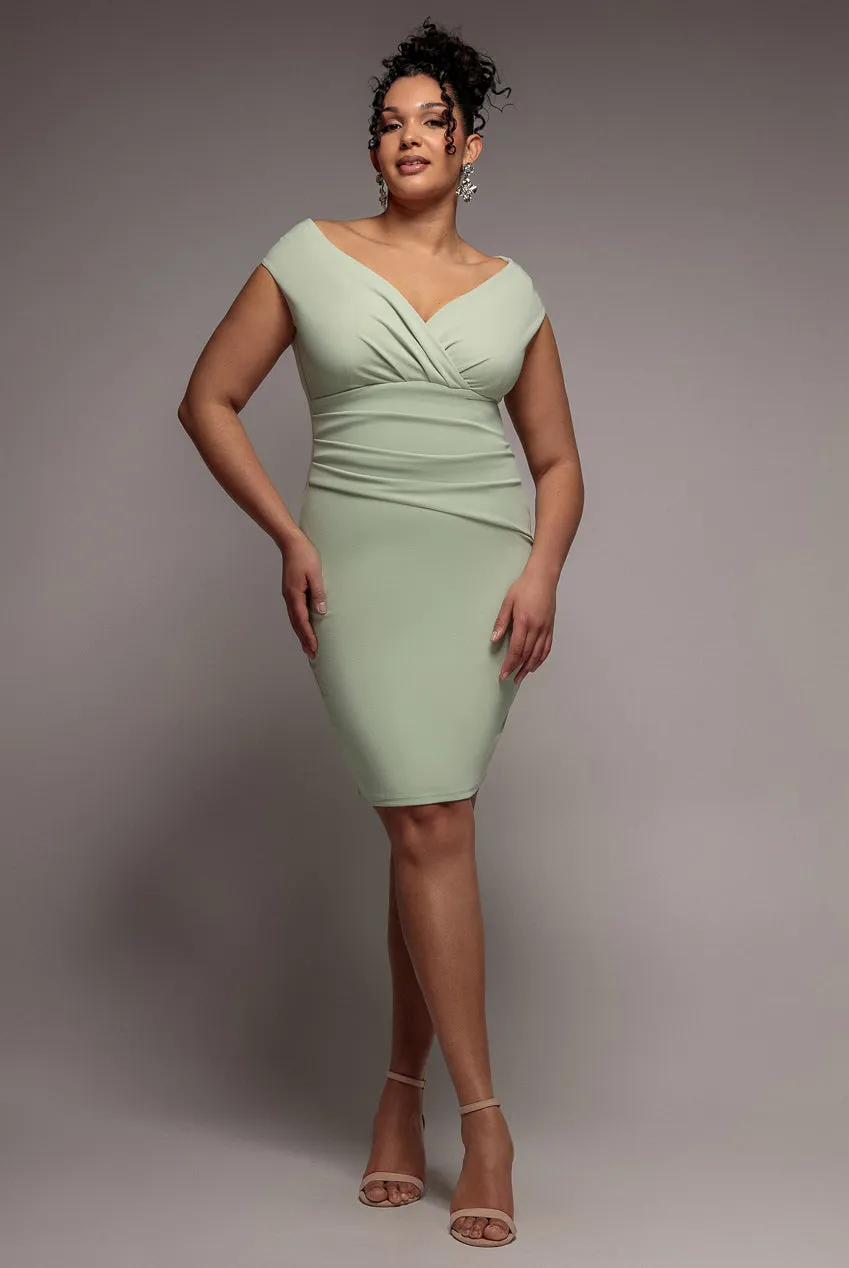 Bardot Pleated Midi Dress- Sage Green by Goddiva Plus sold by Goddiva