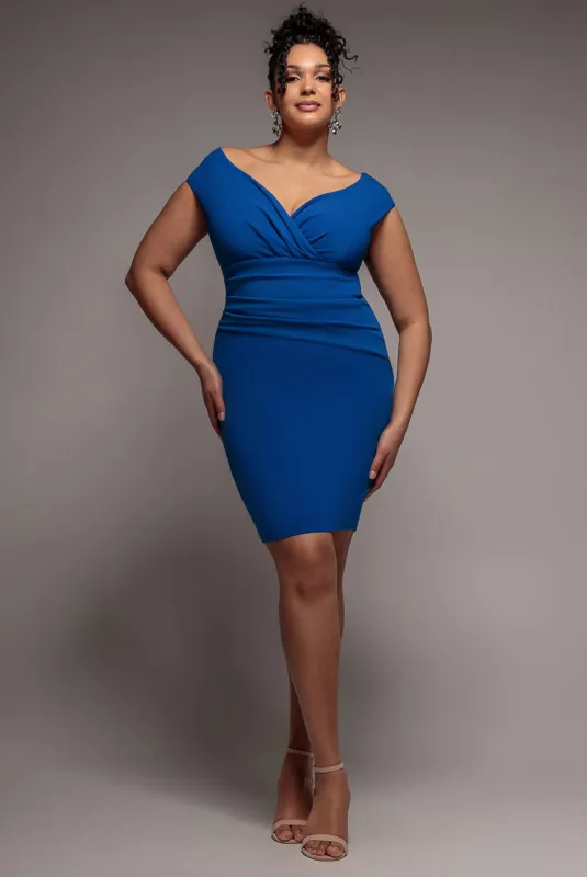 Bardot Pleated Midi Dress- Royal Blue by Goddiva Plus made by Goddiva