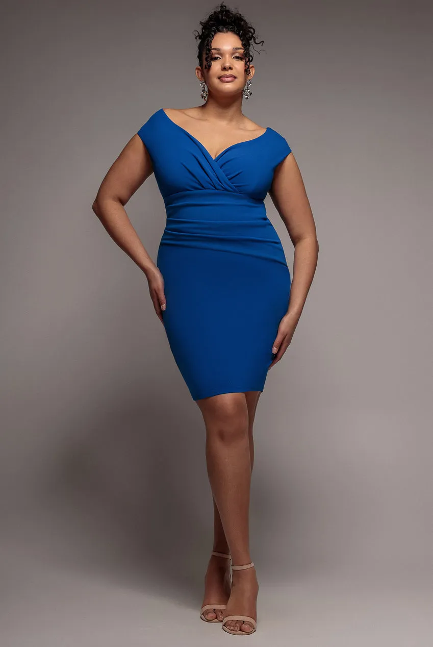 Bardot Pleated Midi Dress- Royal Blue by Goddiva Plus sold by Goddiva