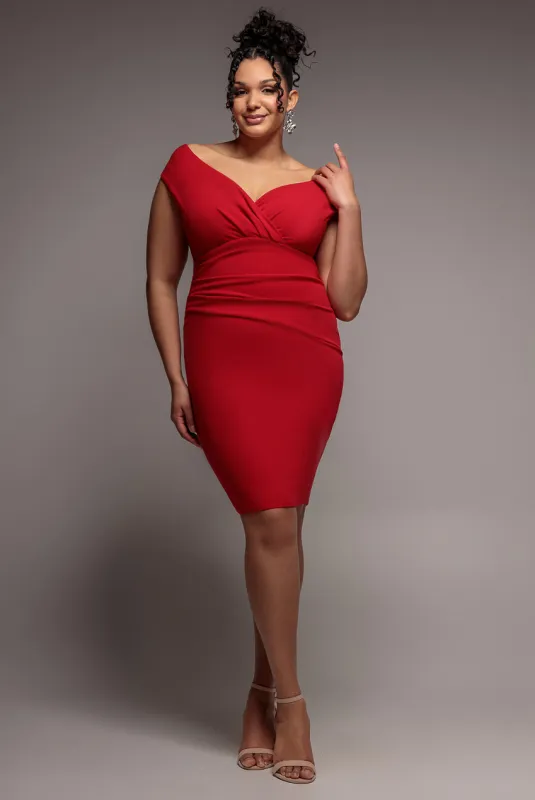 Bardot Pleated Midi Dress - Red by Goddiva Plus made by Goddiva